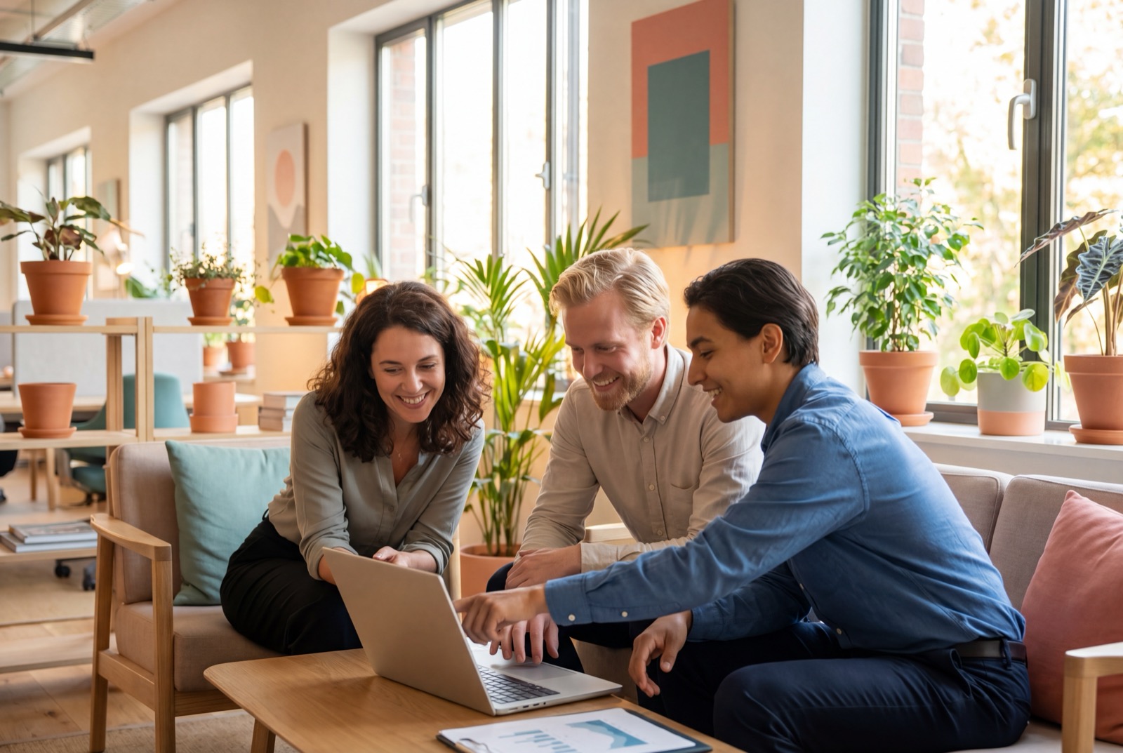Diverse European professionals collaborating in a bright modern office