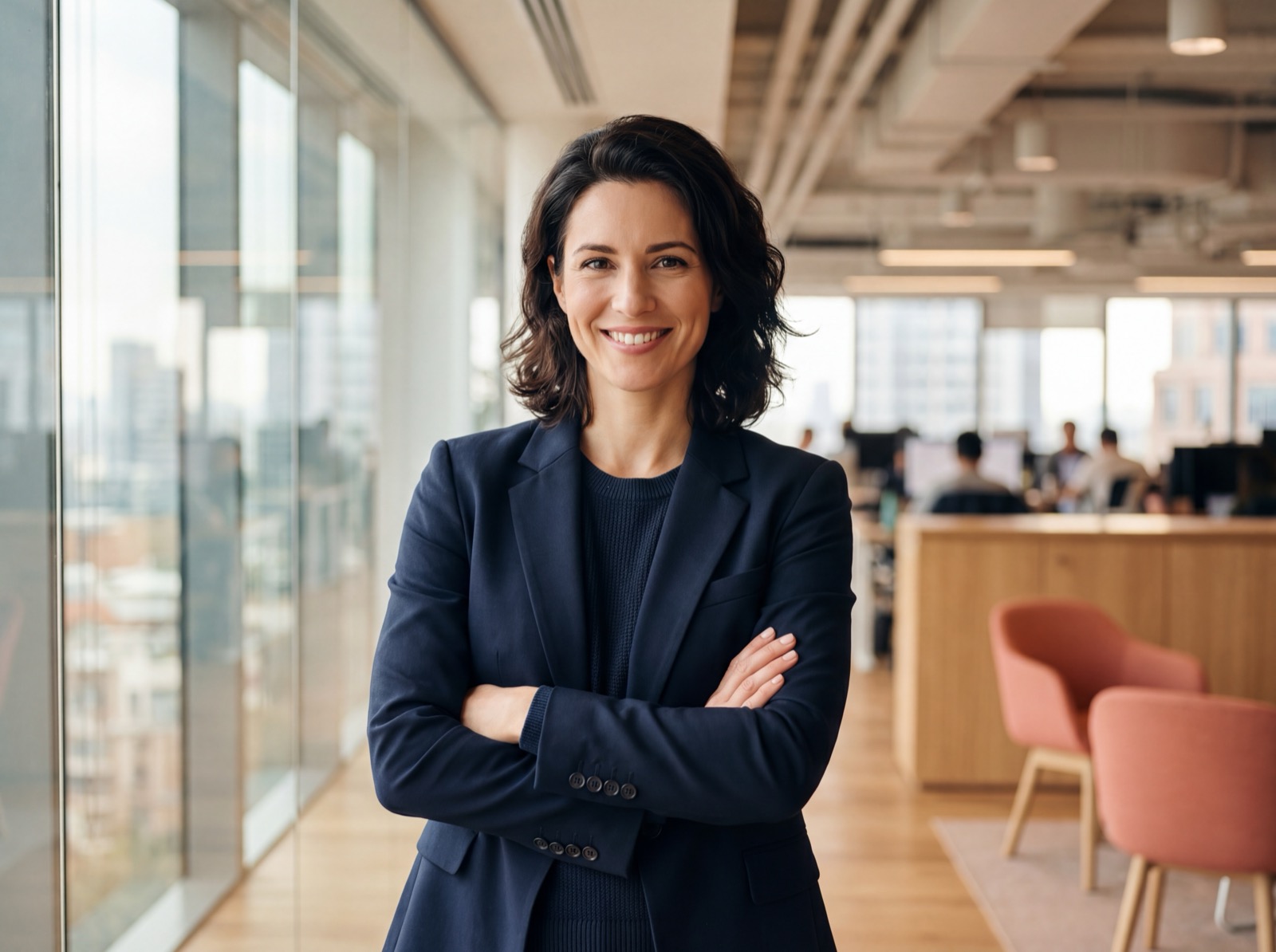 European professional in a modern office with natural lighting